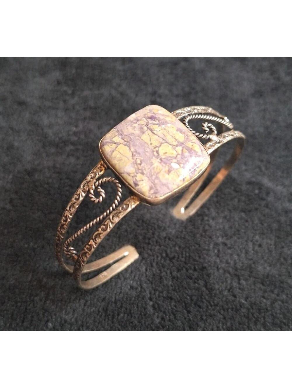 Vintage Sterling Silver Cuff Bracelet with Unique Purple & Gold Veined Gemstone